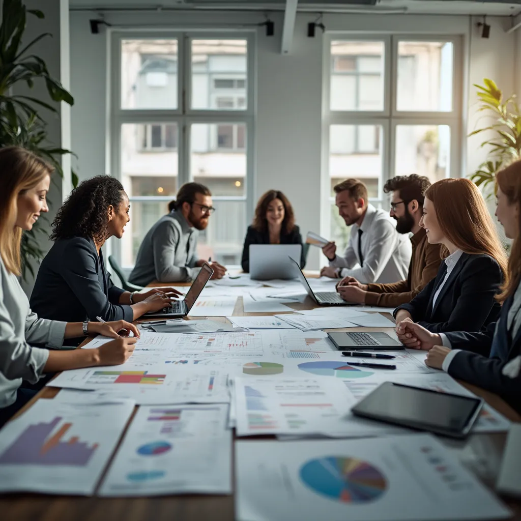 Equipo de ConsultoríaX colaborando en un proyecto estratégico en una oficina moderna y luminosa.